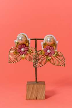 Floral beaded with leaf handcrafted earrings